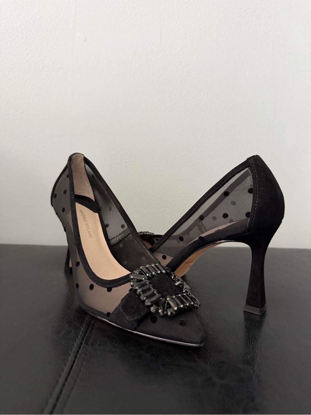 ANTONIO MELANI Black Polka-Dot Mesh Pointed-Toe Heels with Embellished Buckle